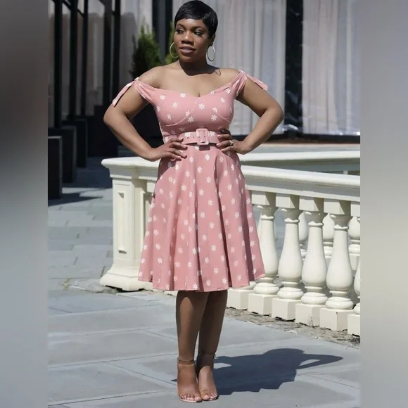 Unique Vintage 50s Prairie Daisy Swing Dress in Powder Pink, Size Large, NWT! - Picture 9 of 16